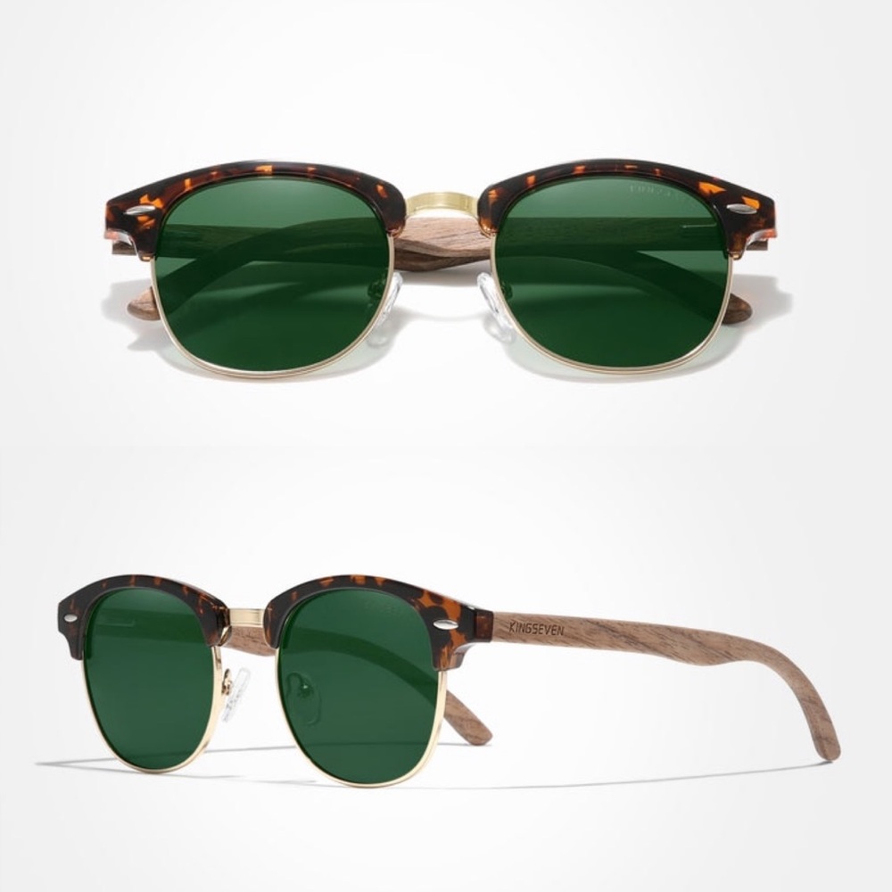KINGSEVEN Walnut Wood Sunglasses with Green Lenses - Picture 2 of 16